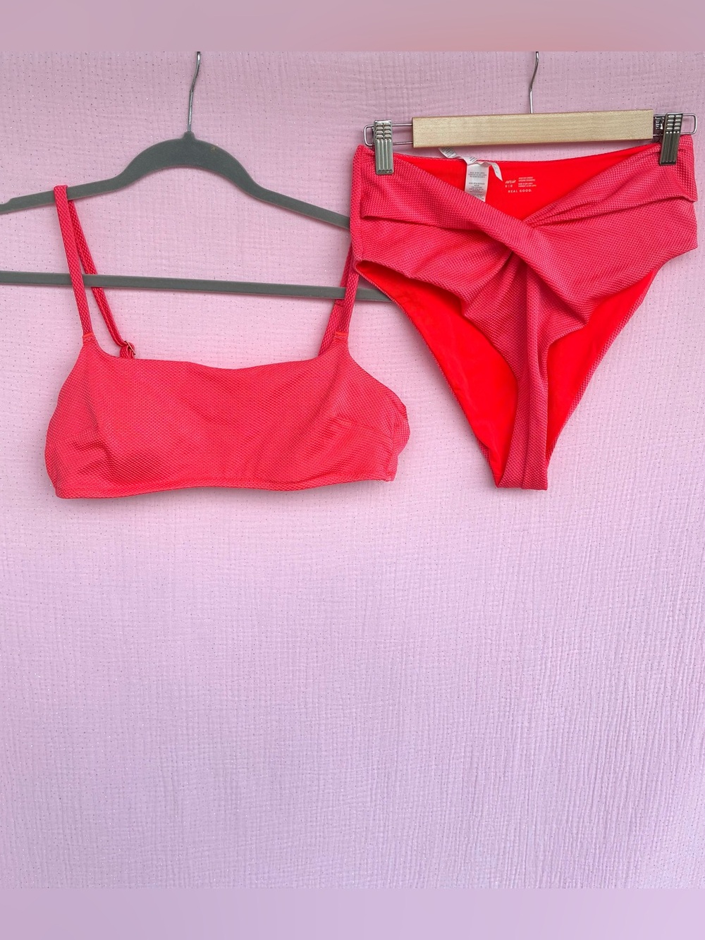 aerie Coral Pink Bikini Set High Cut Cheeky Bottoms M Scoop Top L